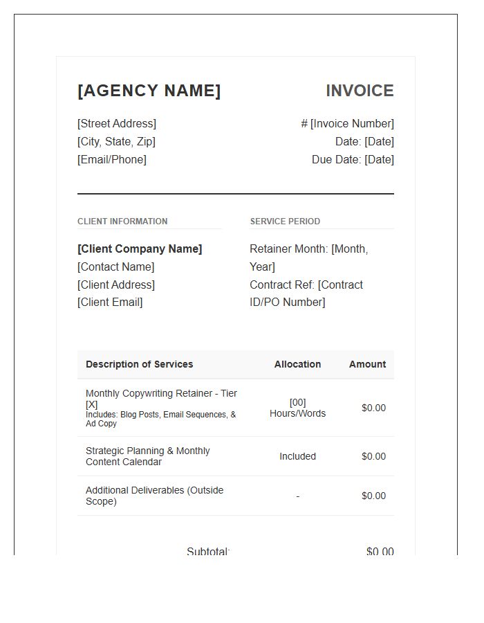 Agency Level Monthly Copywriting Retainer Invoice Template