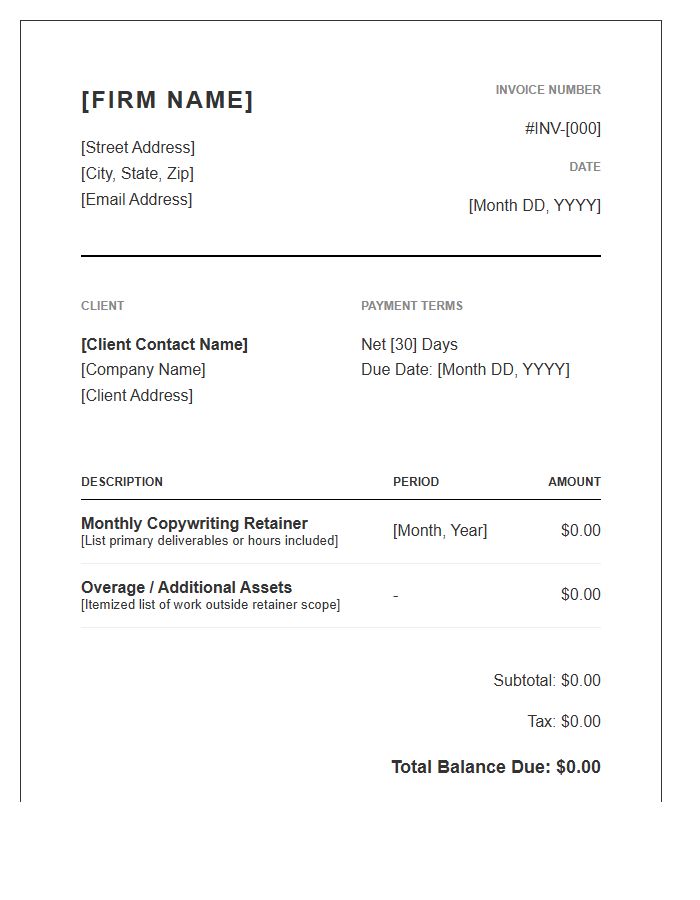 Boutique Copywriting Firm Monthly Retainer Invoice Template