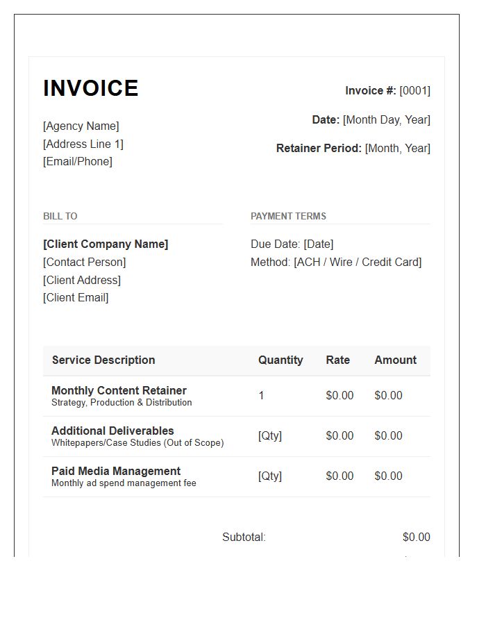 Content Marketing Retainer Invoice Template For Agencies