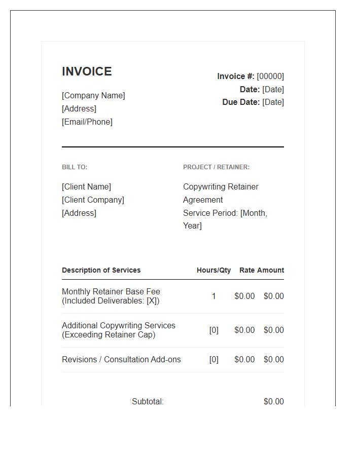 Copywriting Retainer Agreement Monthly Service Invoice Template