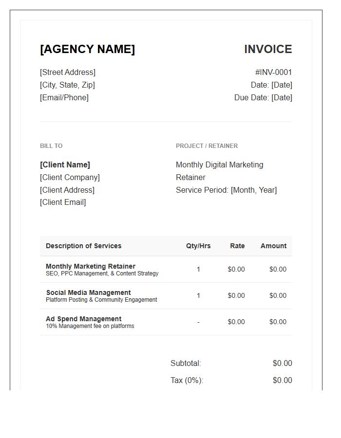 Digital Marketing Agency Monthly Retainer Invoice Template