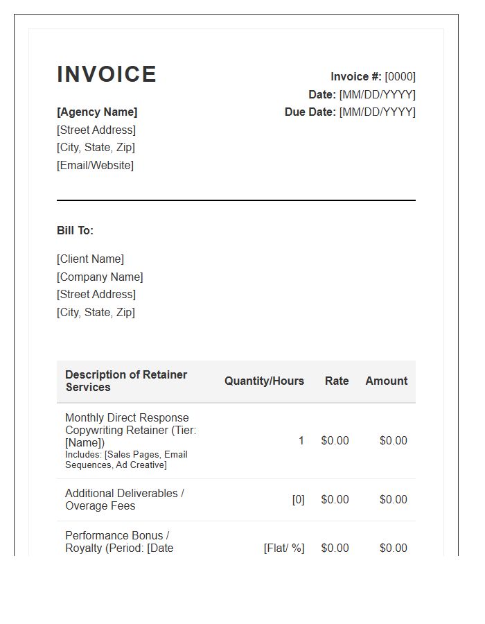 Direct Response Copywriting Agency Retainer Invoice Template
