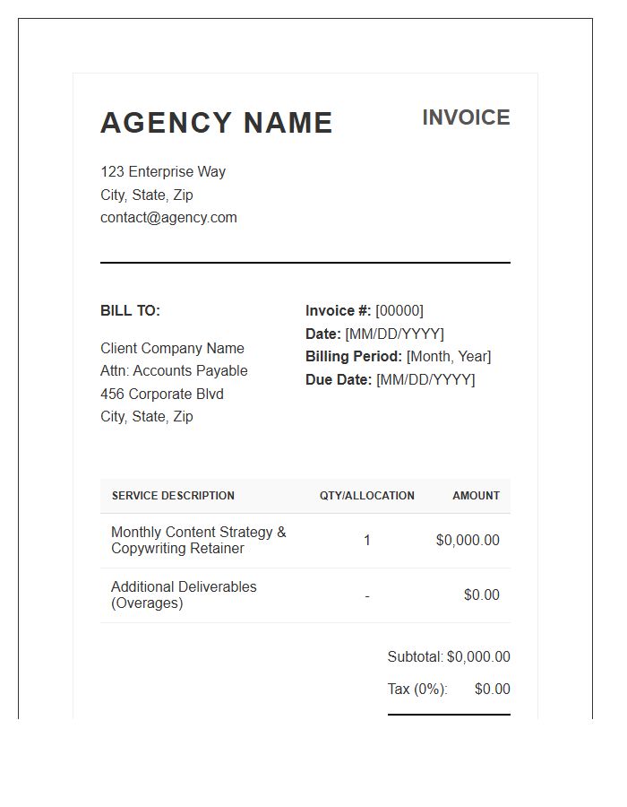 Enterprise Copywriting Agency Monthly Retainer Invoice Template