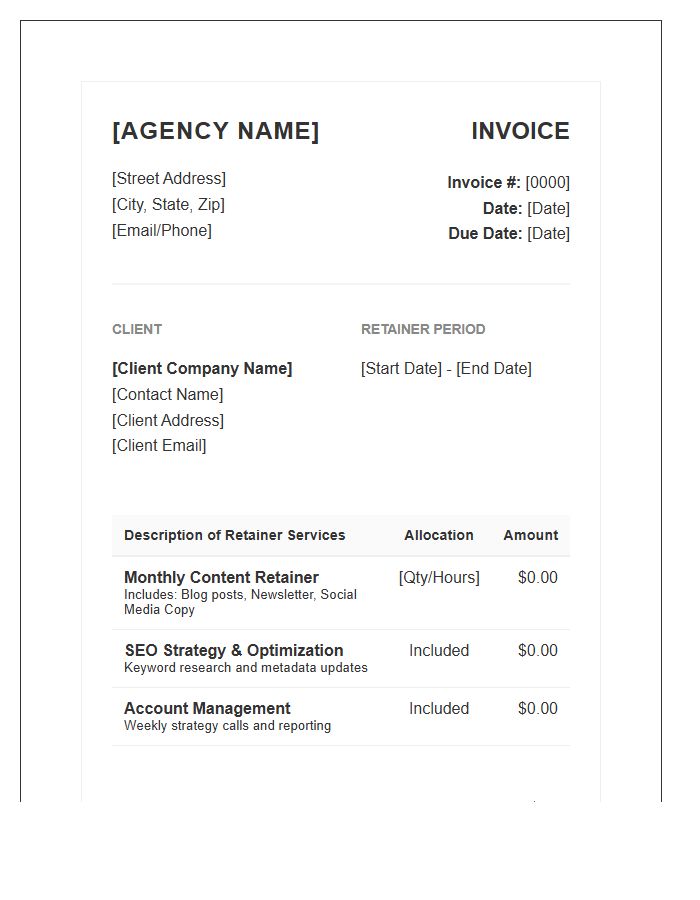 Full Service Copywriting Agency Monthly Retainer Invoice Template