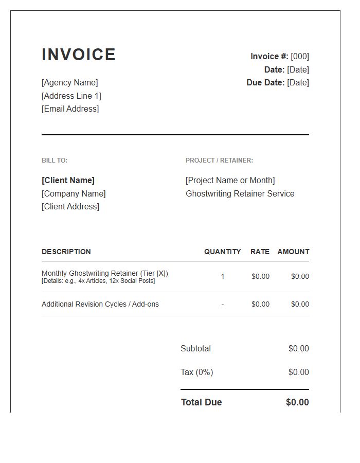 Ghostwriting Agency Monthly Retainer Invoice Template