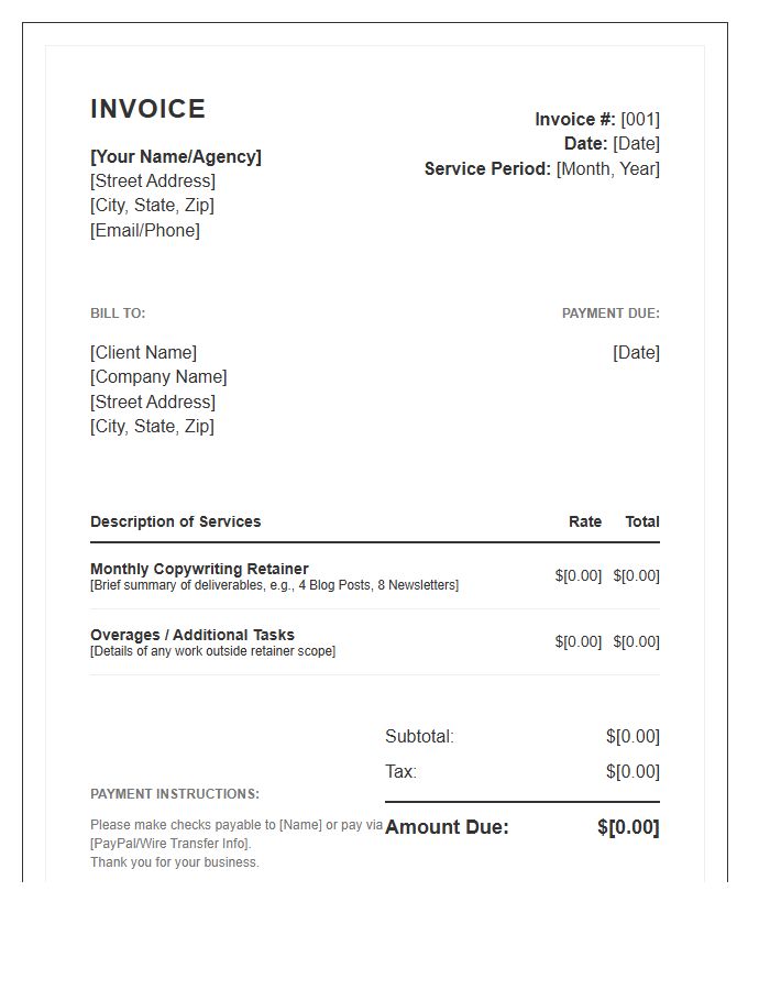 Monthly Copywriting Services Retainer Invoice Template