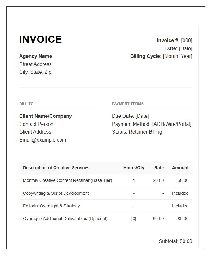 Monthly Creative Writing Agency Retainer Invoice Template