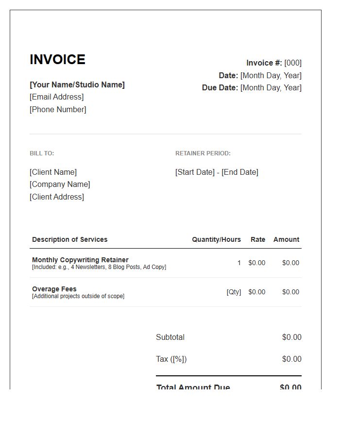 Monthly Retainer Invoice Template For Professional Copywriters