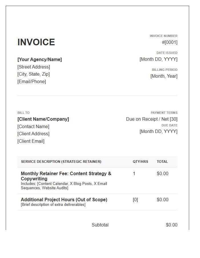 Monthly Strategic Copywriting Retainer Invoice Template