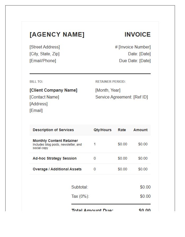 Professional Copywriting Agency Monthly Retainer Invoice Template