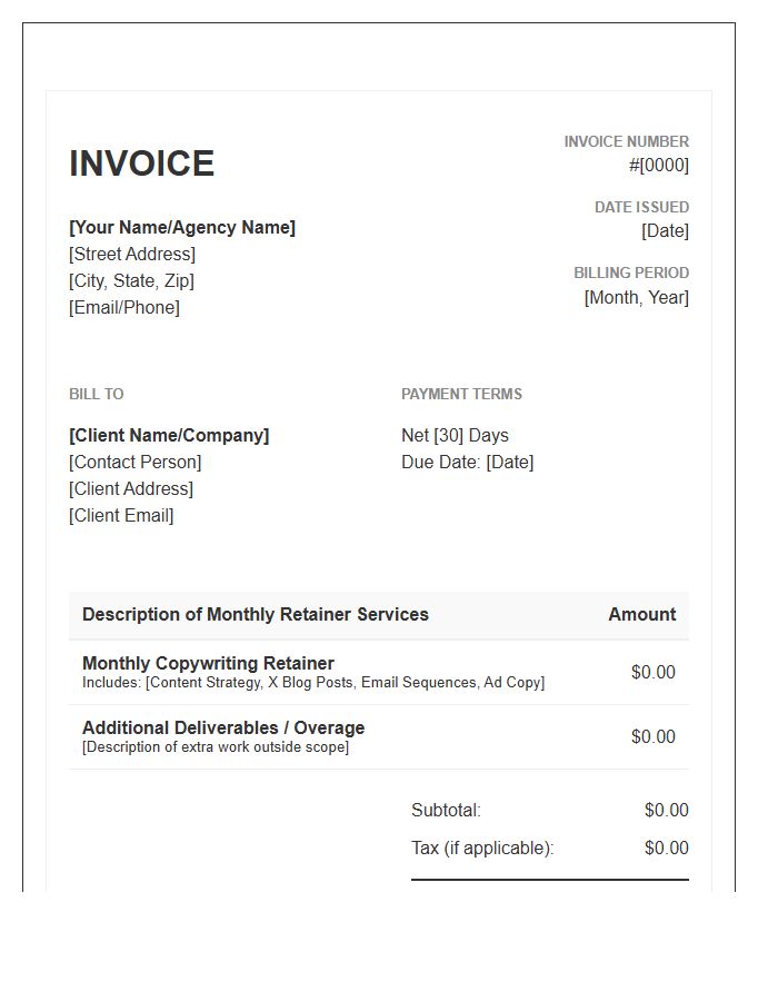 Recurring Copywriting Services Monthly Retainer Invoice Template