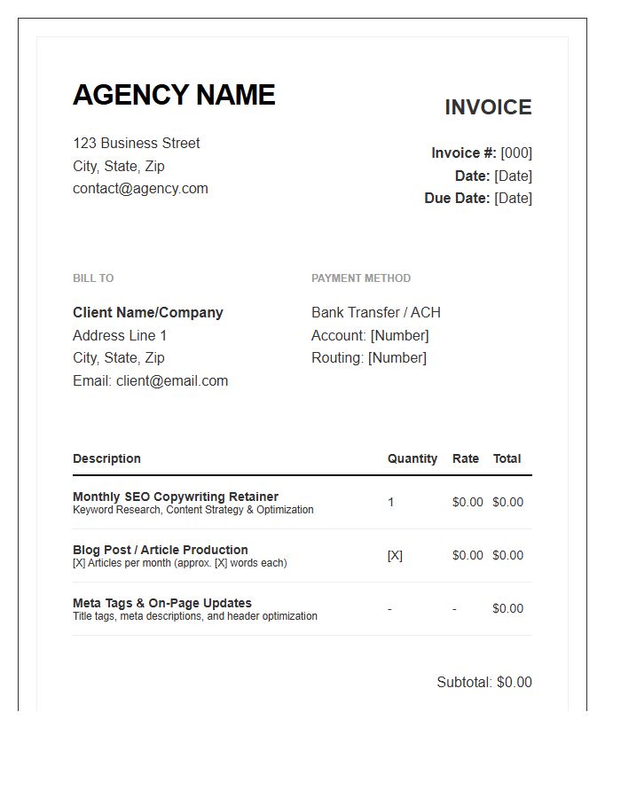 SEO Copywriting Retainer Invoice Template For Agencies