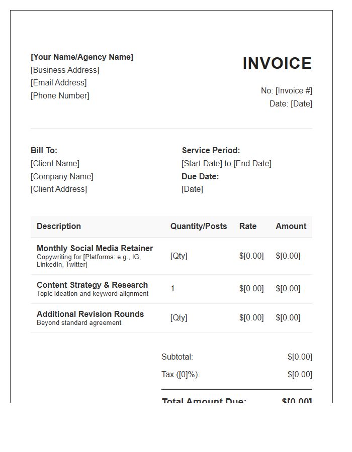 Social Media Copywriting Retainer Monthly Invoice Template