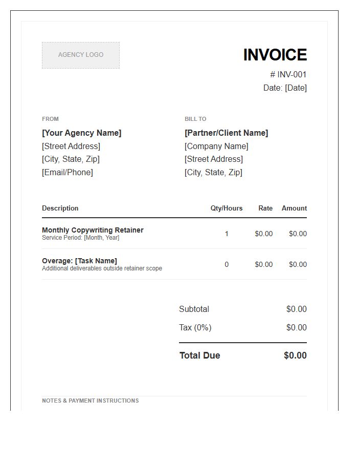 White Label Copywriting Agency Retainer Invoice Template
