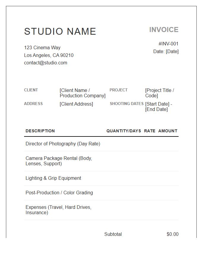 Cinematography Services Studio Project Invoice Template