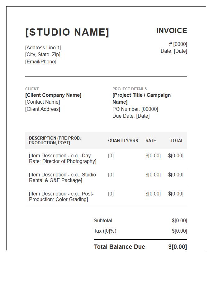 Commercial Video Production Studio Project Invoice Template