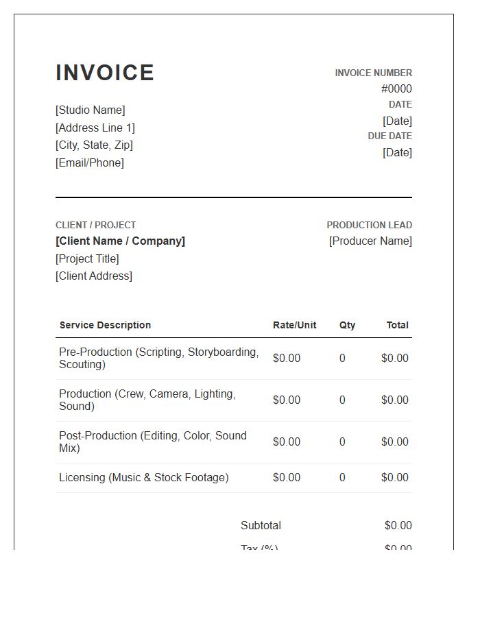 Corporate Video Production Studio Project Invoice Template