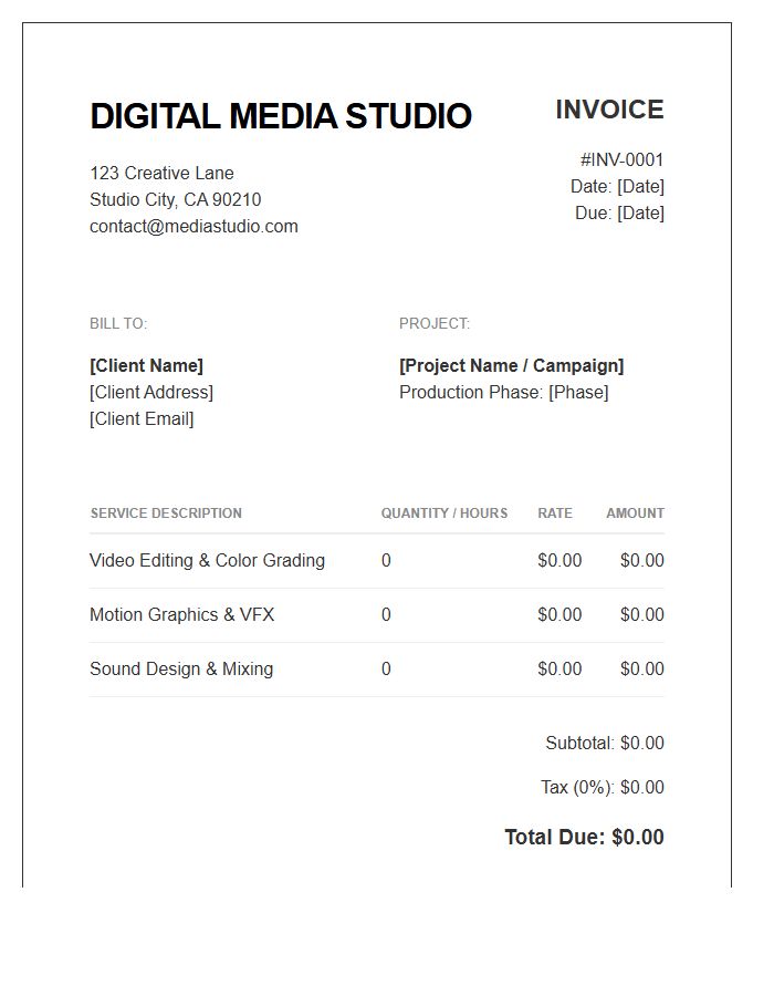 Digital Media Studio Project Invoice Template