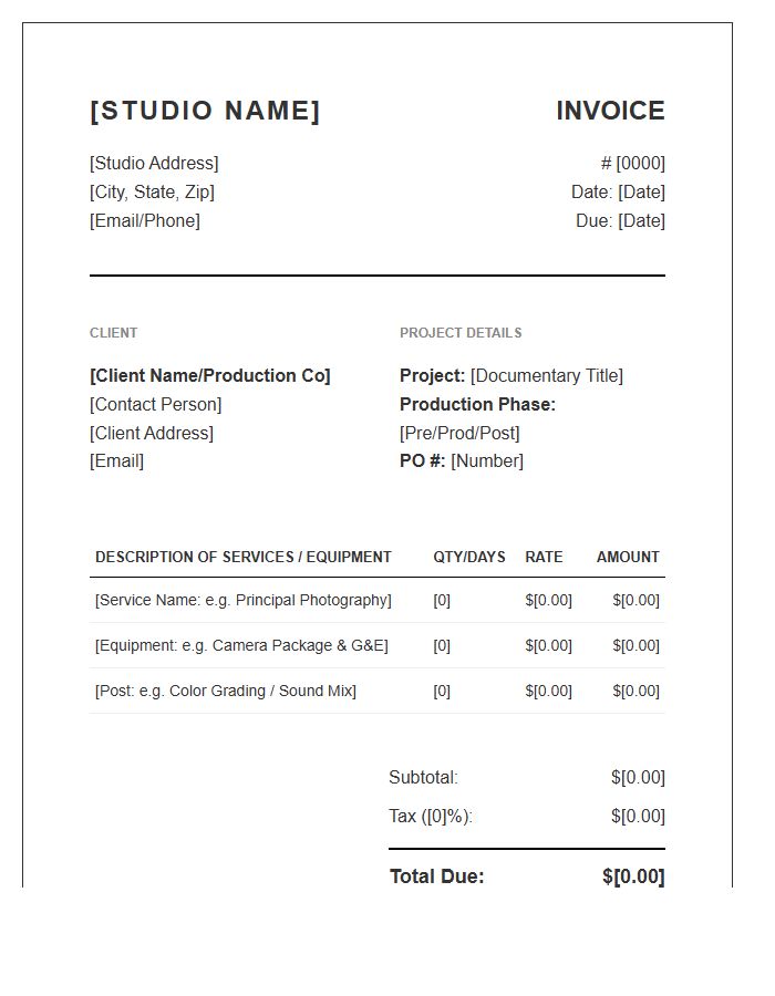 Documentary Video Production Studio Project Invoice Template