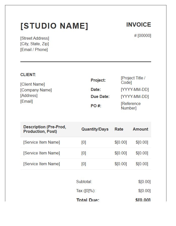 Film Production Studio Project Invoice Template