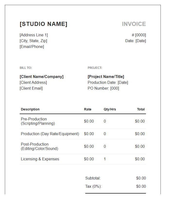 Freelance Video Production Studio Project Invoice Template