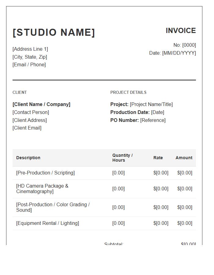High Definition Video Production Studio Invoice Template