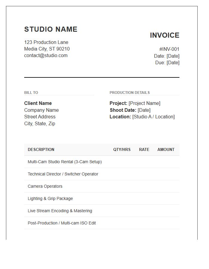 Multi Camera Video Production Studio Invoice Template