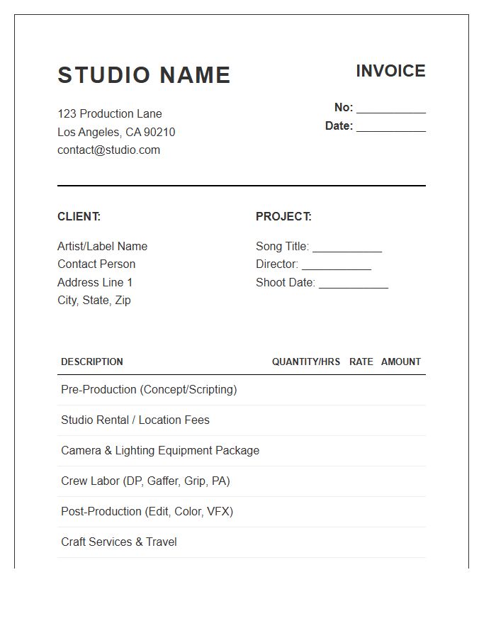 Music Video Production Studio Project Invoice Template