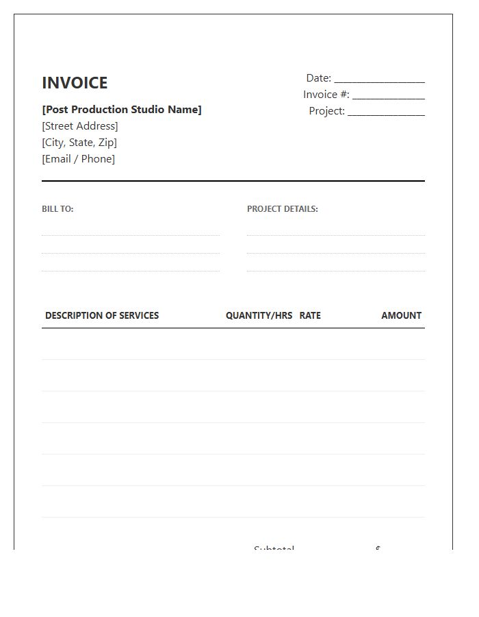 Post Production Studio Project Services Invoice Template