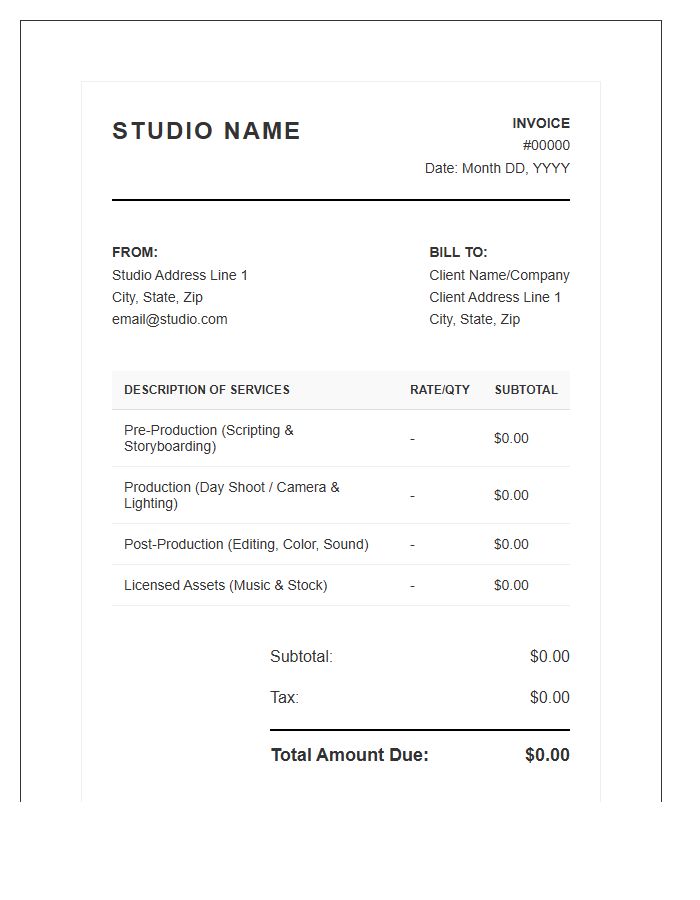 Professional Video Production Studio Project Invoice Template