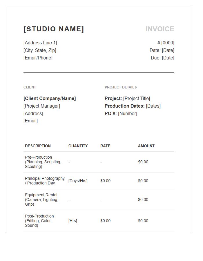 Standard Video Production Studio Project Invoice Template