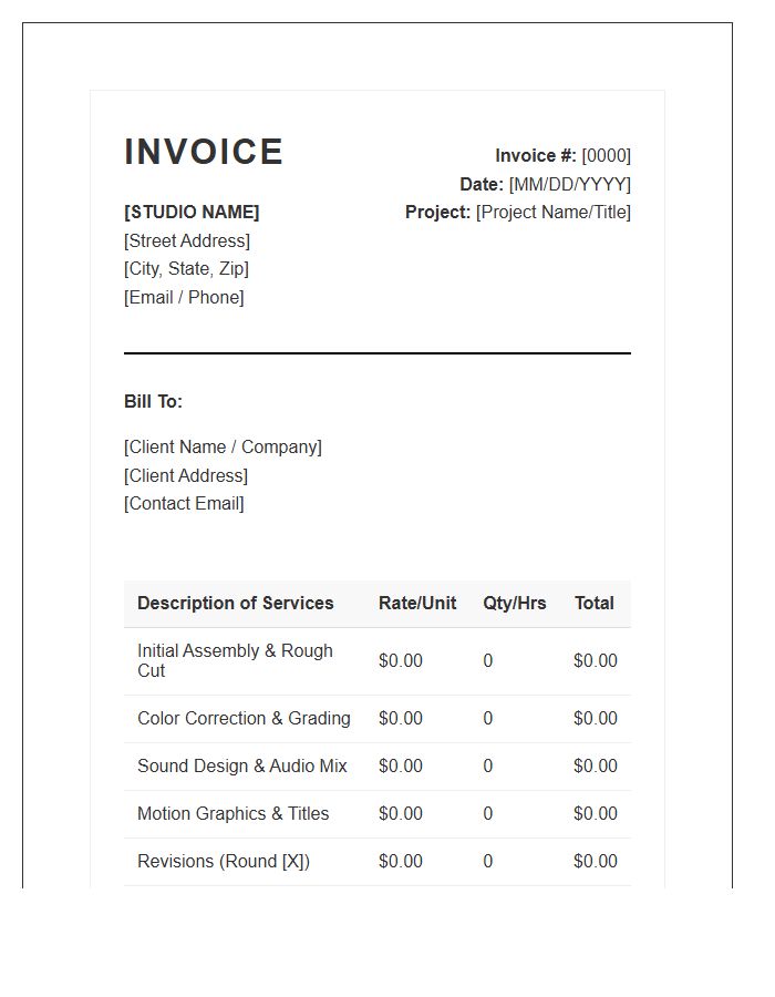 Video Editing Studio Project Invoice Template