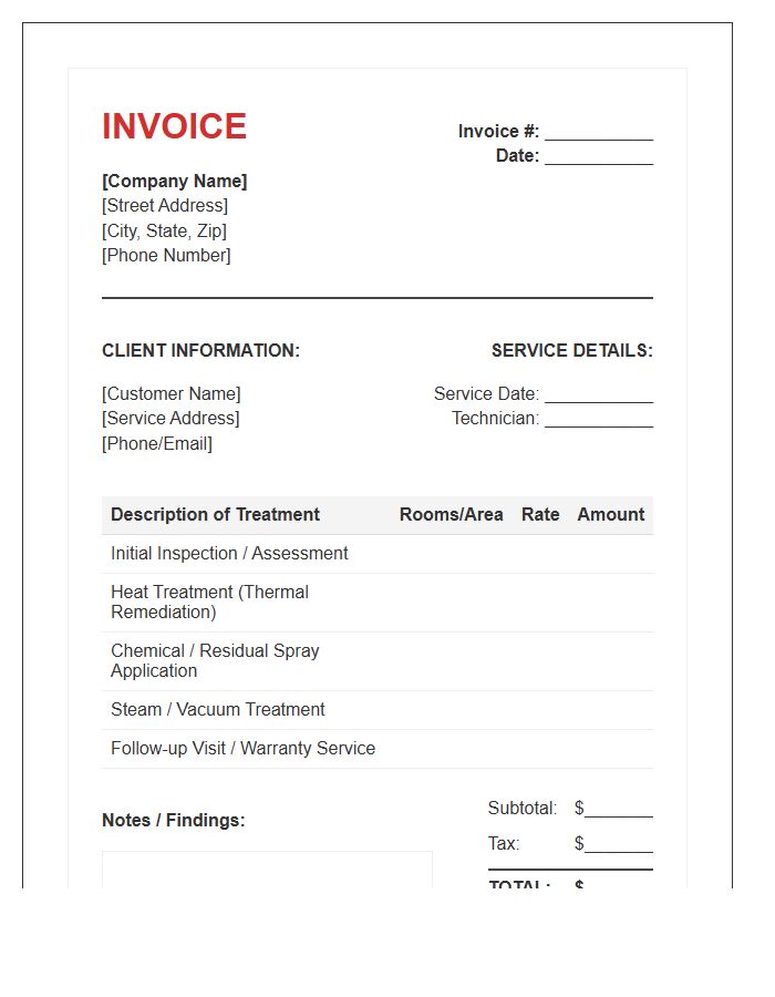 Bed Bug Extermination Service Invoice Template