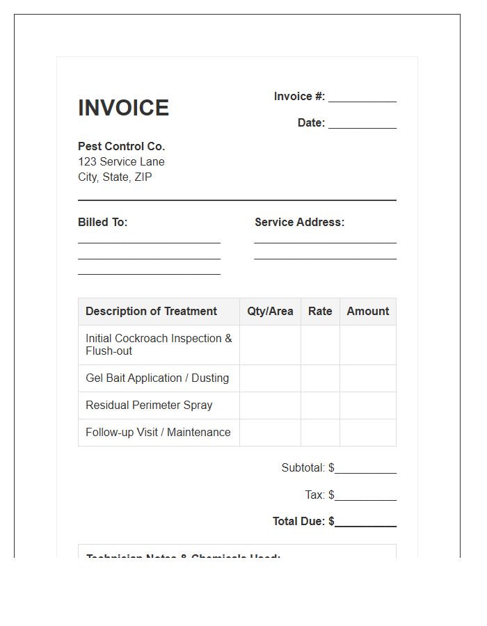 Cockroach Treatment Service Invoice Template