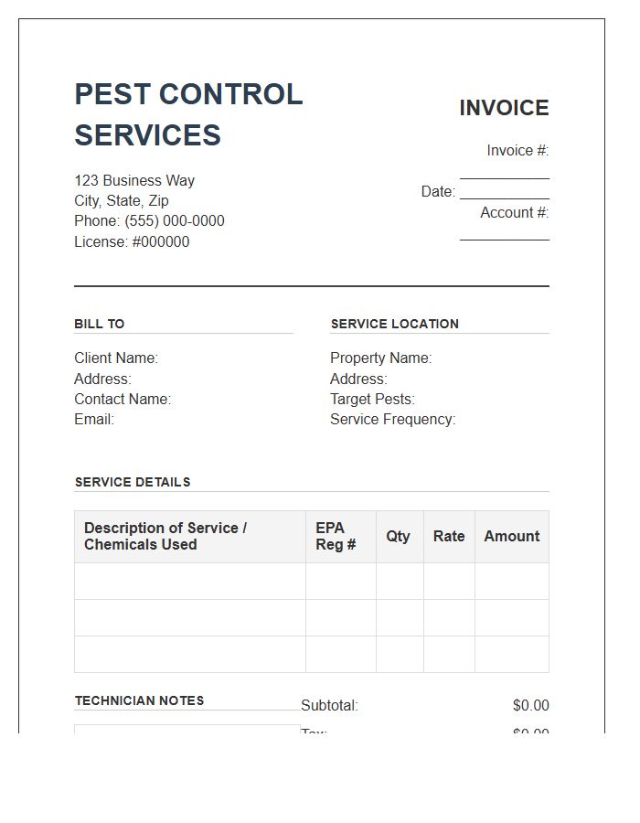 Commercial Pest Control Service Invoice Template