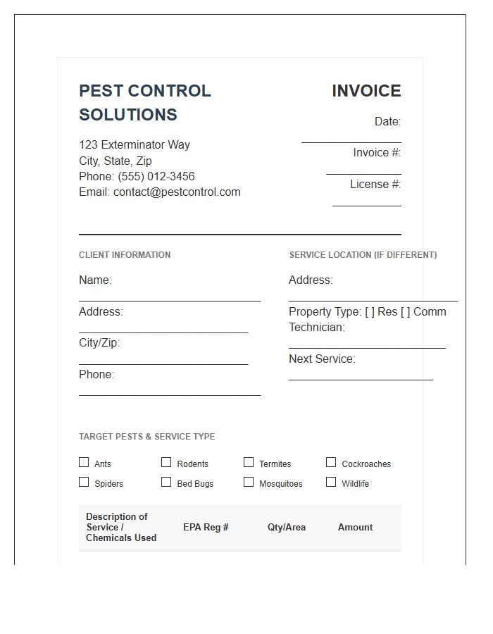 Comprehensive Pest Control Service Invoice Template
