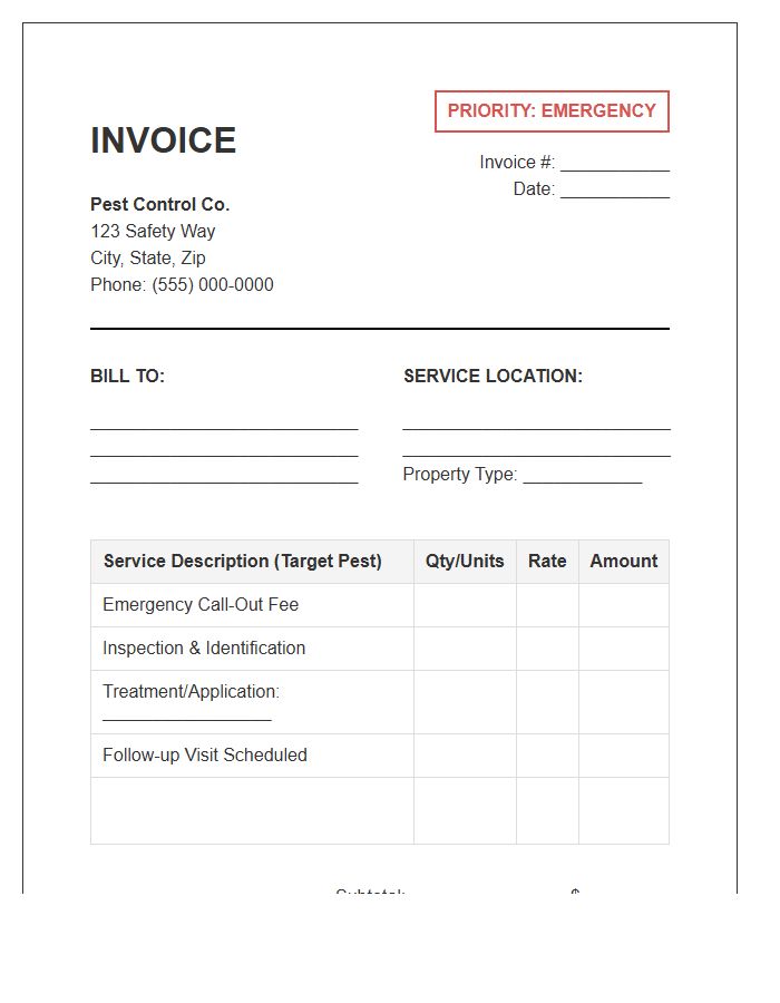 Emergency Pest Control Service Invoice Template
