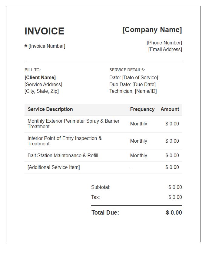 Monthly Pest Maintenance Service Invoice Template