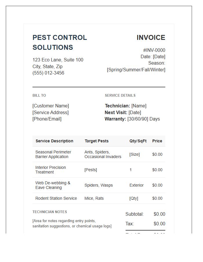 Seasonal Pest Control Service Invoice Template