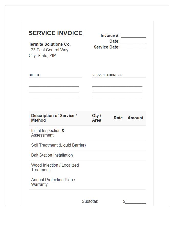 Termite Treatment Service Invoice Template