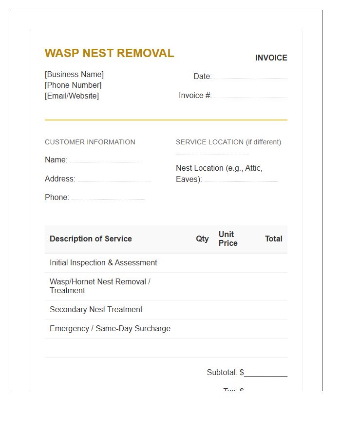 Wasp Nest Removal Service Invoice Template