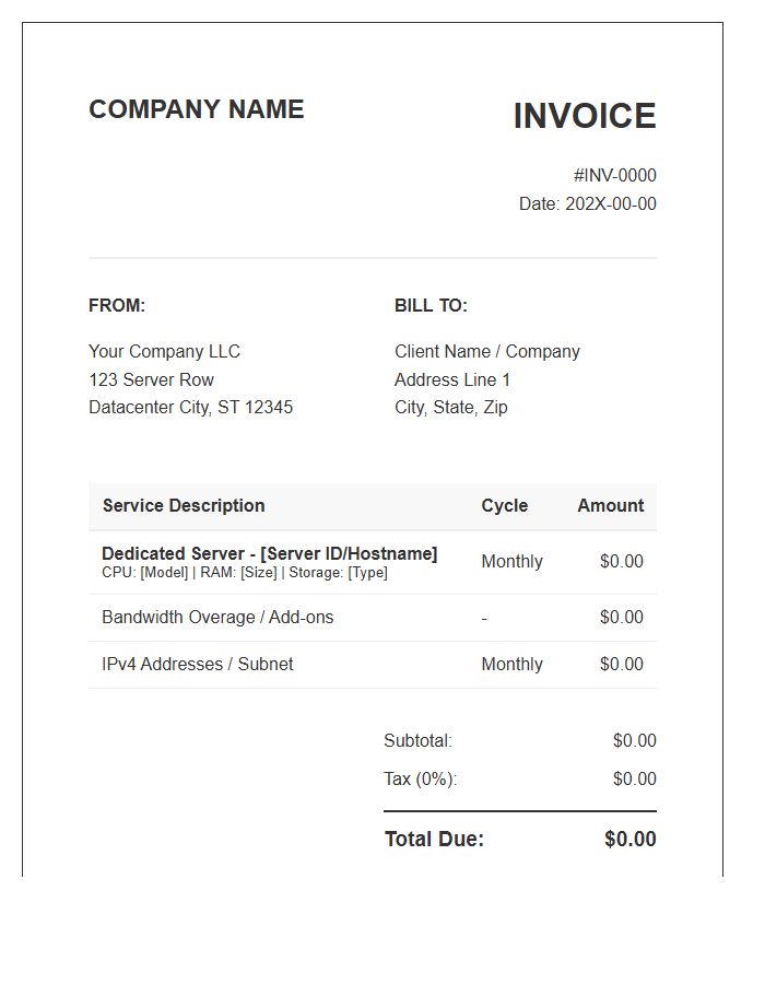 Dedicated Server Monthly Billing Invoice Template
