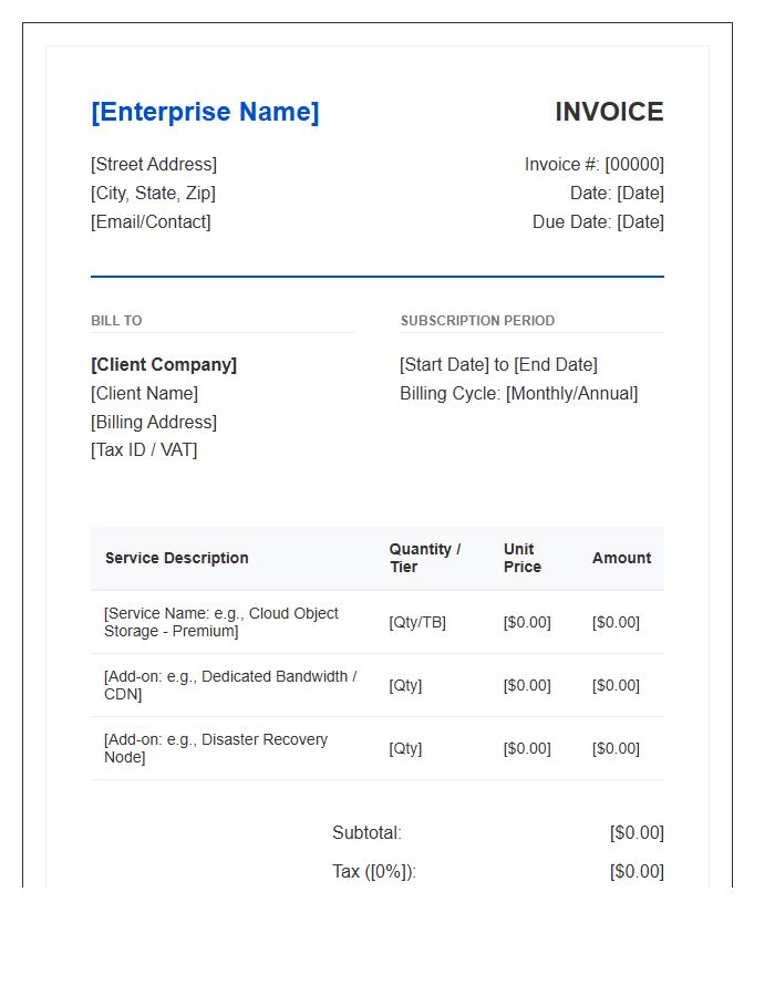 Enterprise Cloud Storage Subscription Invoice Template