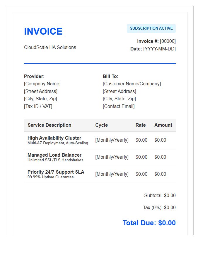 High Availability Hosting Subscription Invoice Template