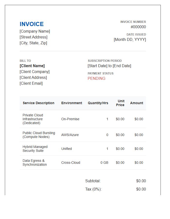 Hybrid Cloud Hosting Subscription Invoice Template