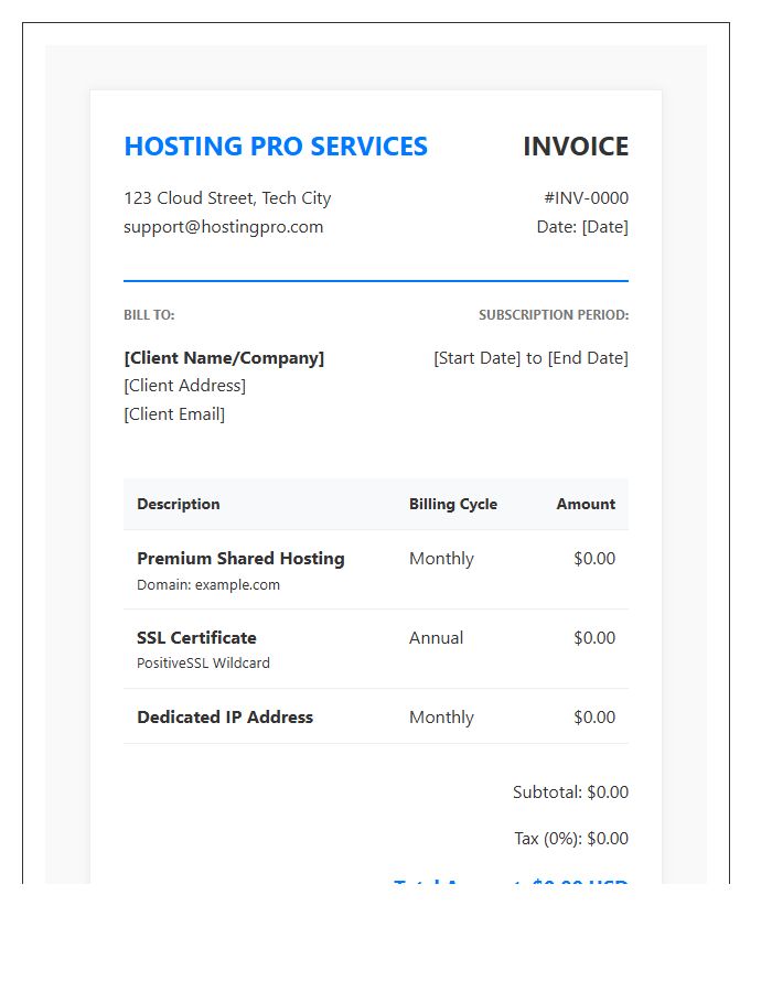 Professional Web Hosting Subscription Invoice Template