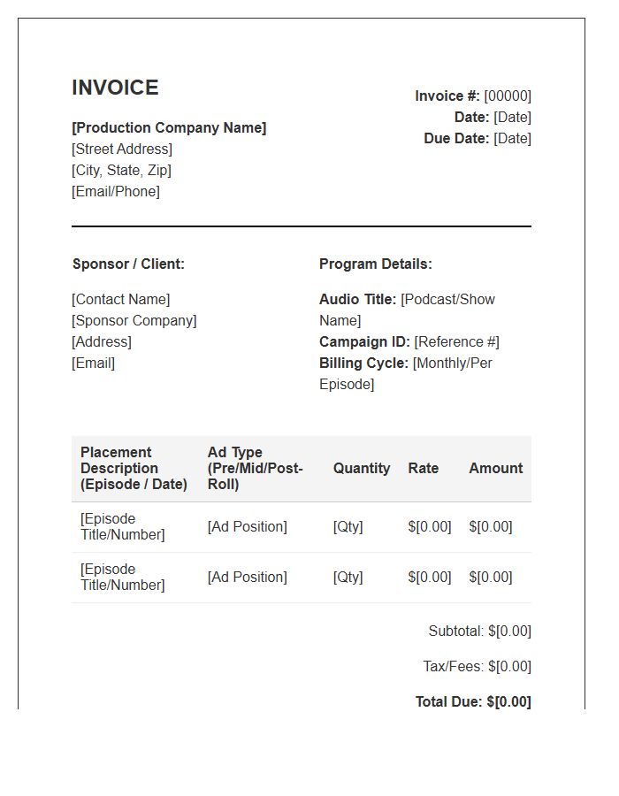 Audio Program Sponsor Placement Invoice Template