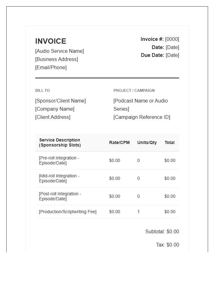 Audio Sponsorship Integration Service Invoice Template