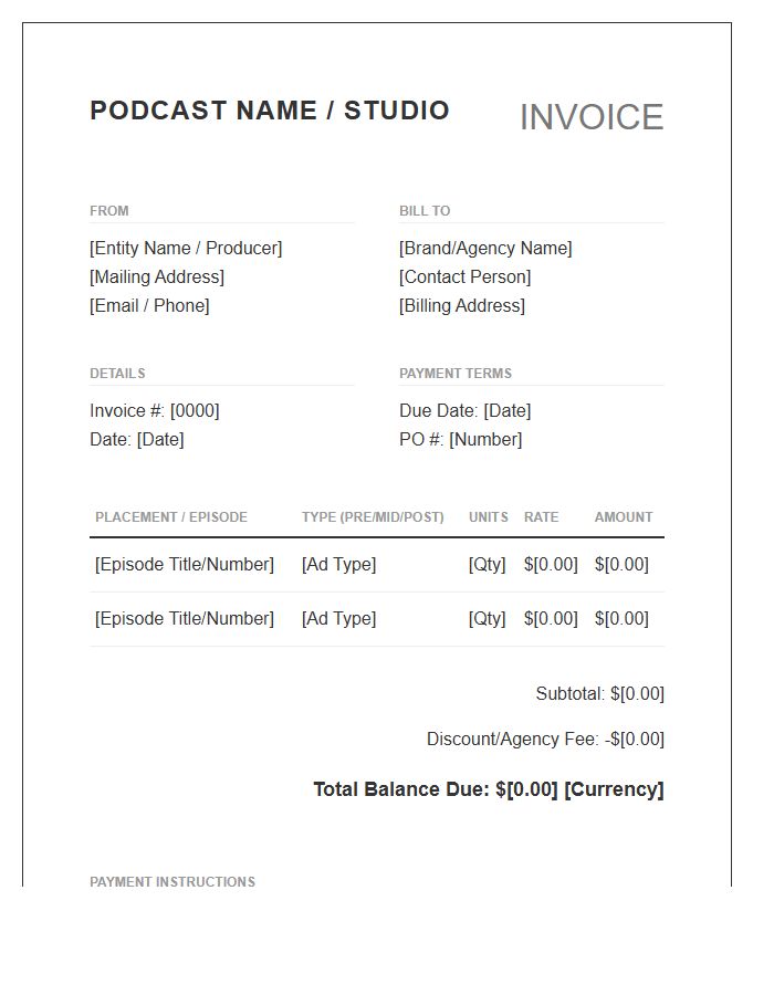 Branded Content Podcast Placement Invoice Template