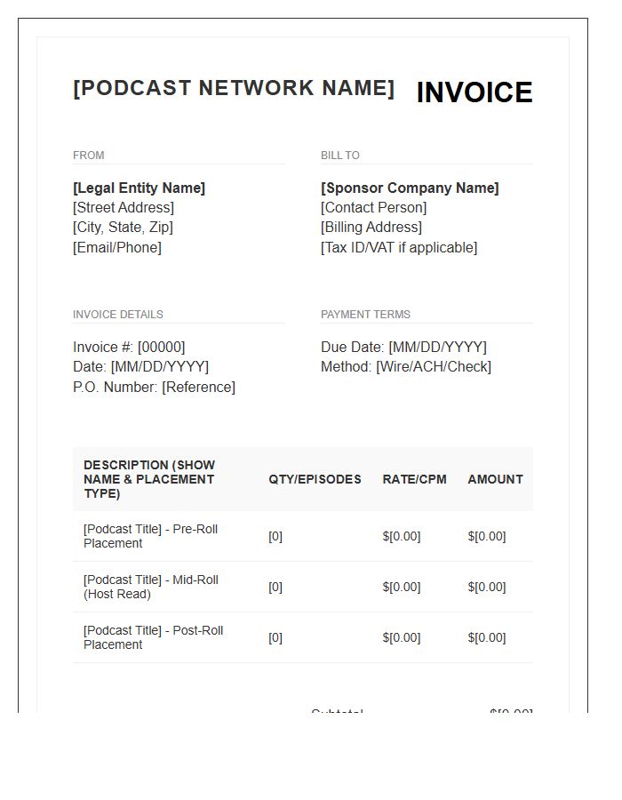 Corporate Podcast Sponsor Placement Invoice Template